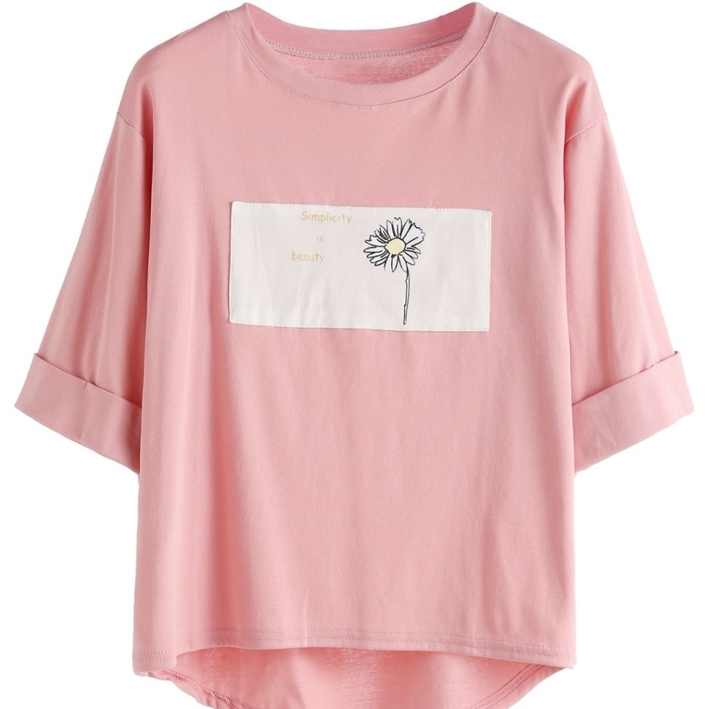 Daisy Print Rolled Sleeve High Low T shirt